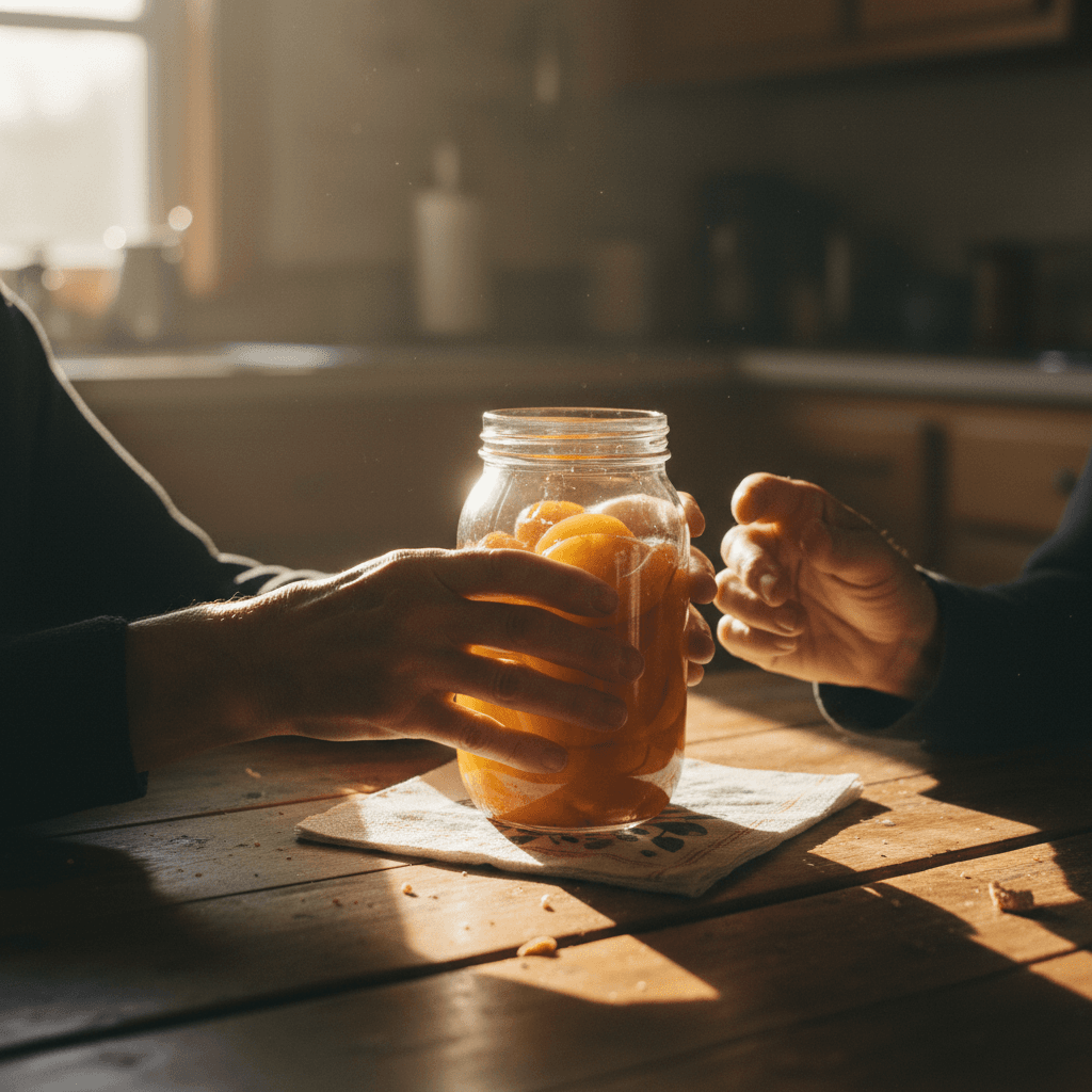Hands passing a supplement jar across a table