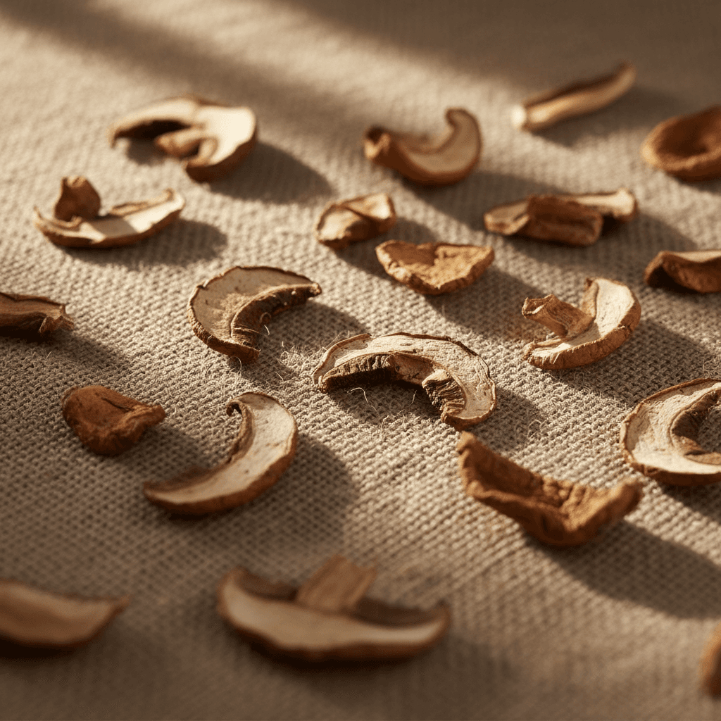 Close-up of dried whole mushrooms on burlap