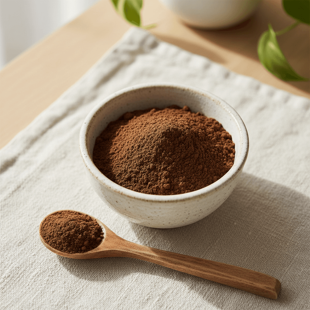 Overhead view of mushroom powder in a ceramic bowl