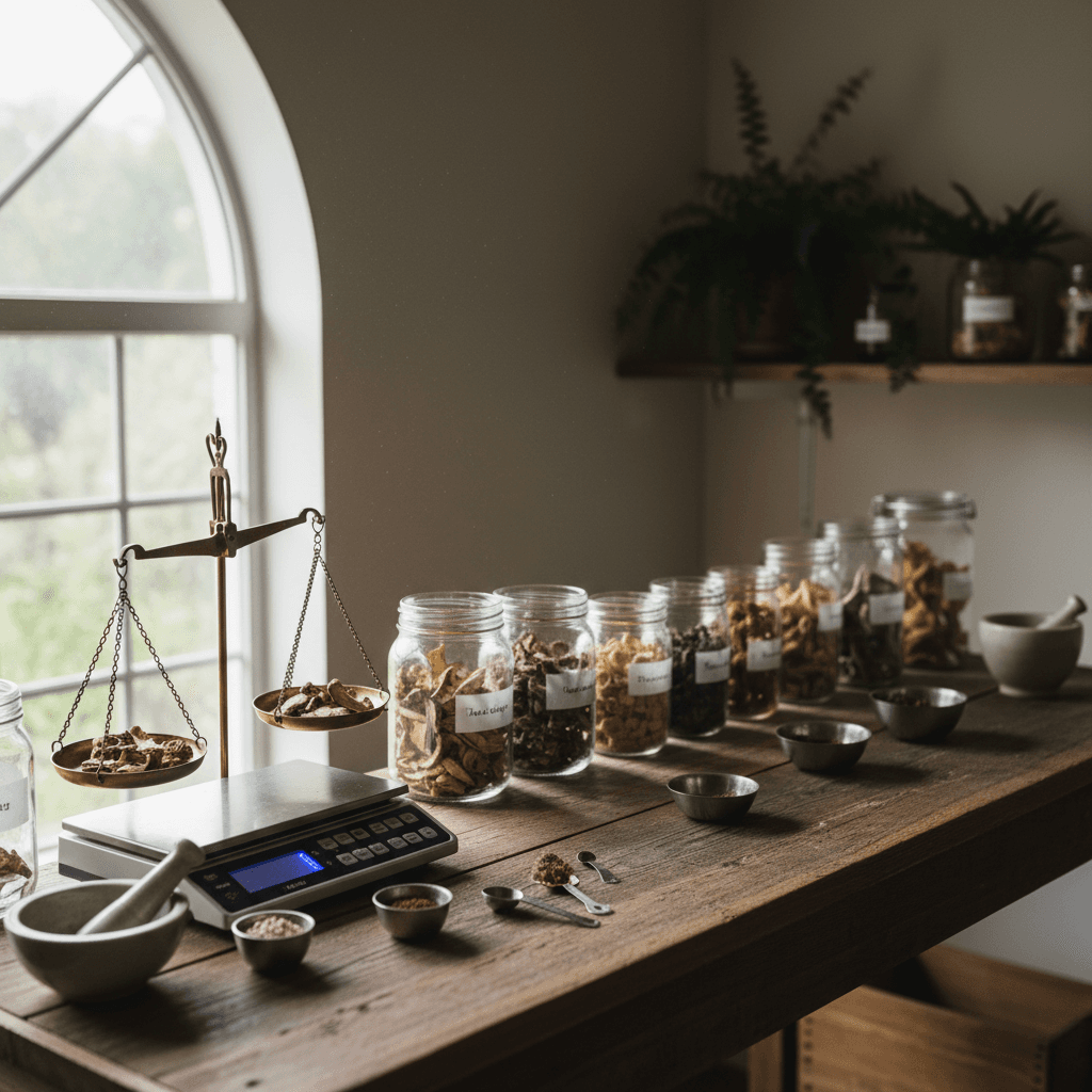 Small workspace with mushroom preparation tools