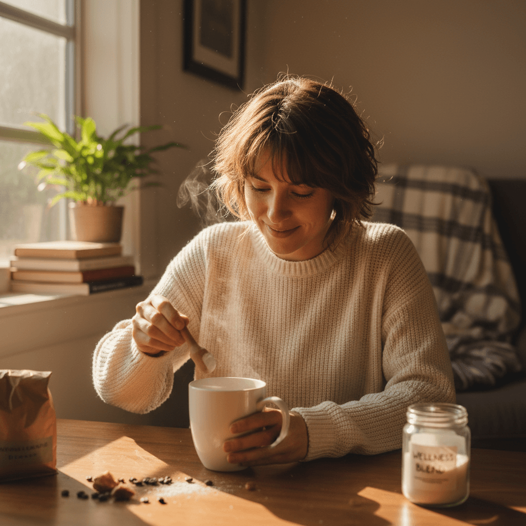 Person stirring mushroom powder into a hot drink