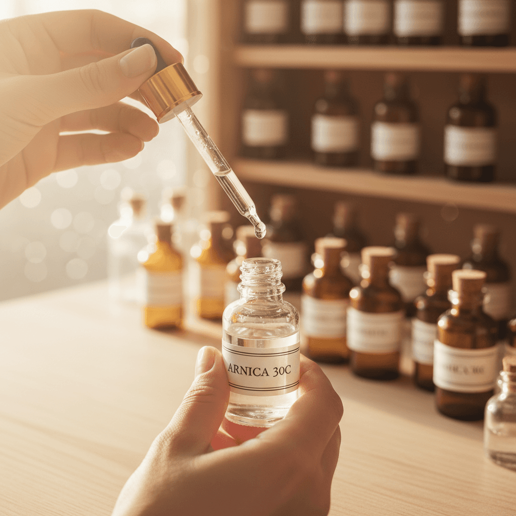 Practitioner's hands carefully measuring homeopathic drops into glass vial with dropper