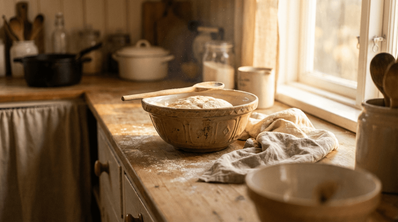 Close-up of finely ground mushroom powder being scooped with a wooden spoon on a kitchen countertop