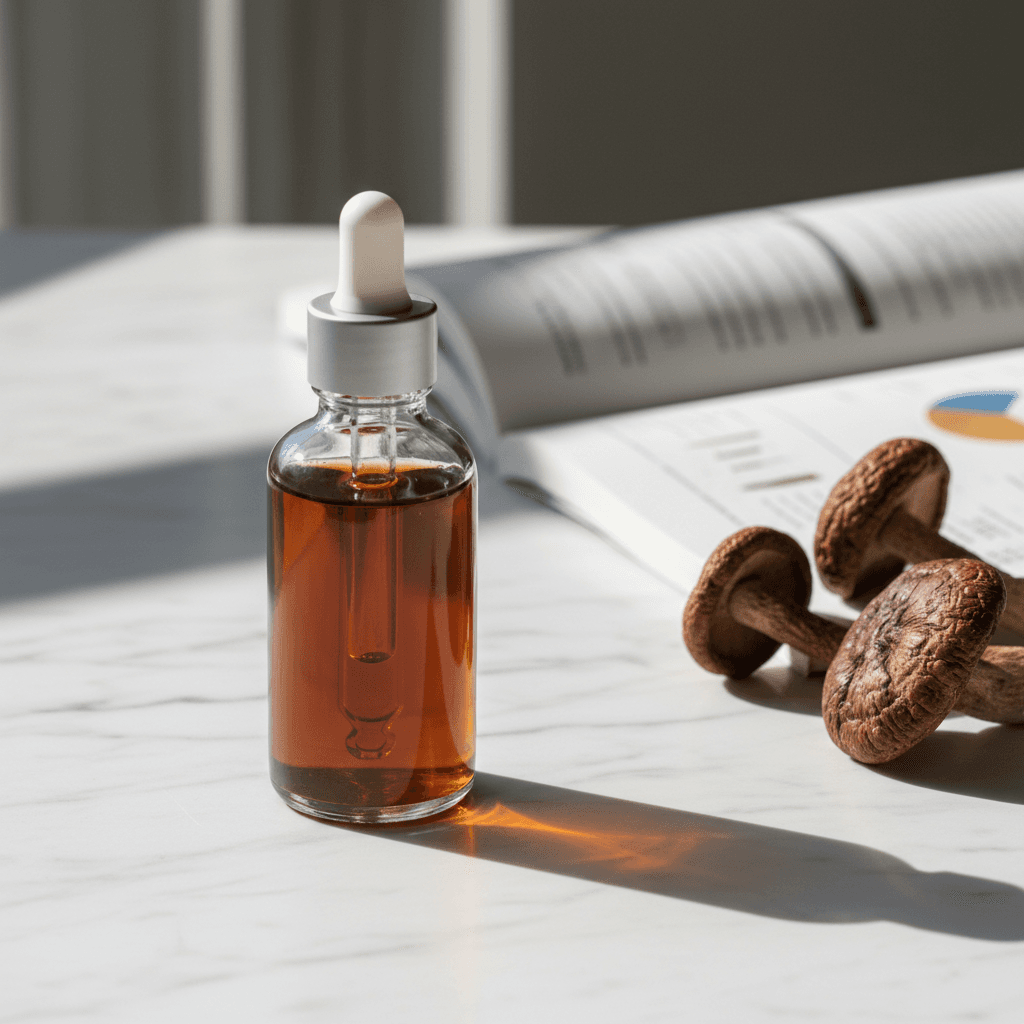Hand holding a glass dropper bottle with a drop of extract falling into warm tea