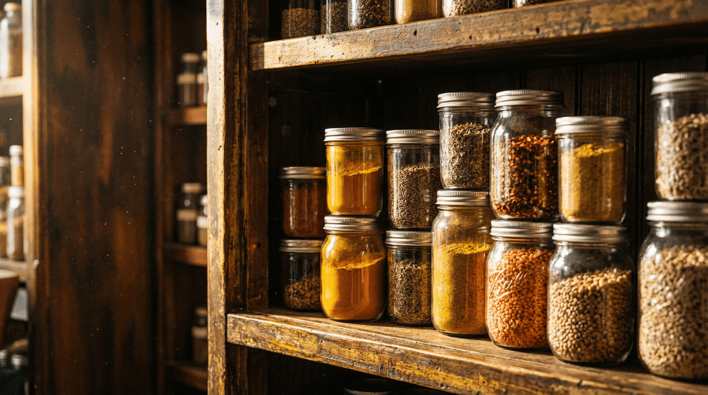 A glass jar of mushroom powder on a rustic wooden pantry shelf with soft side lighting