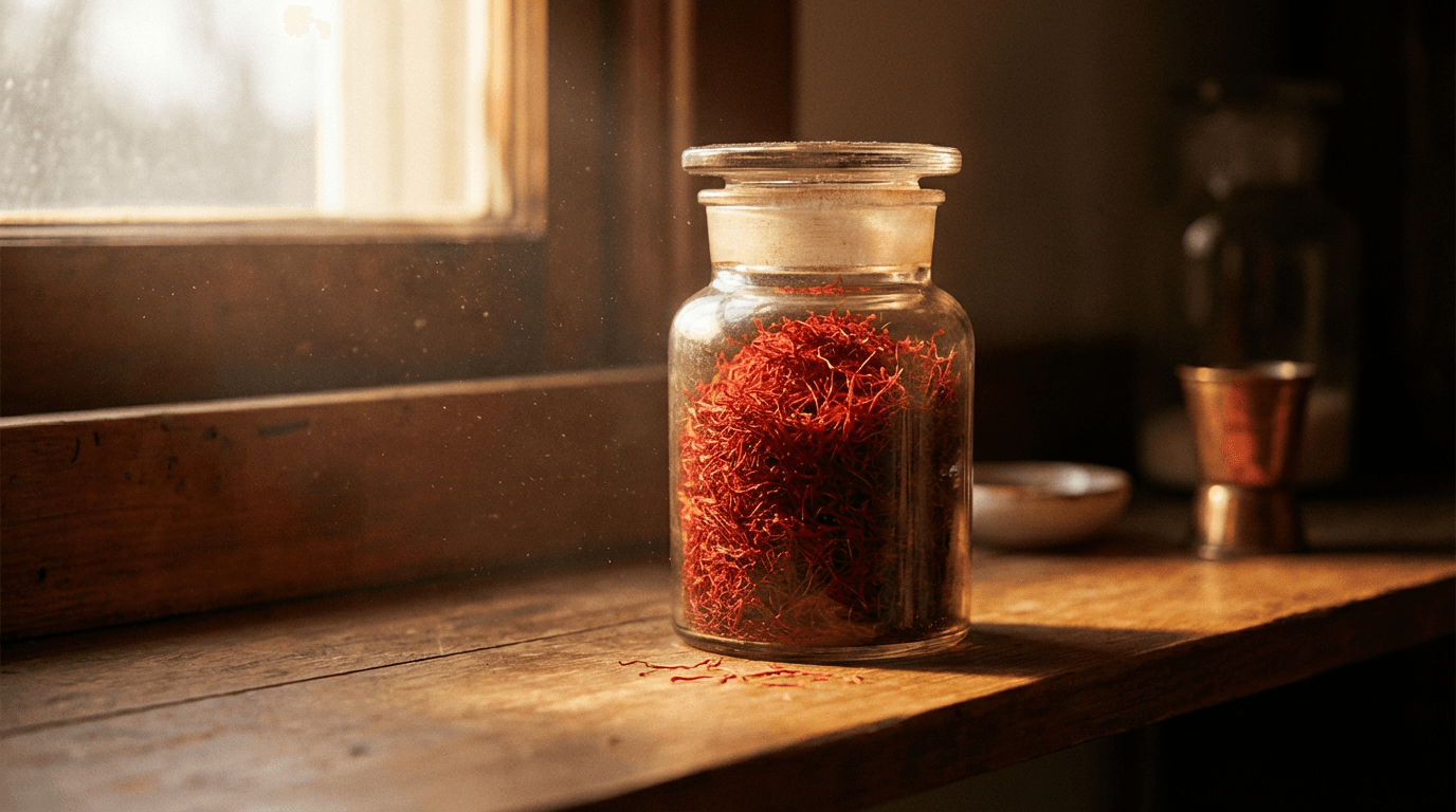 A glass jar of finely ground mushroom powder on a wooden table in soft morning light